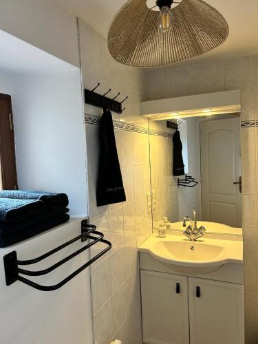 une salle de bain avec un lavabo et un miroir dans l'établissement La maison de l'houblonnier vue mer, à Plurien
