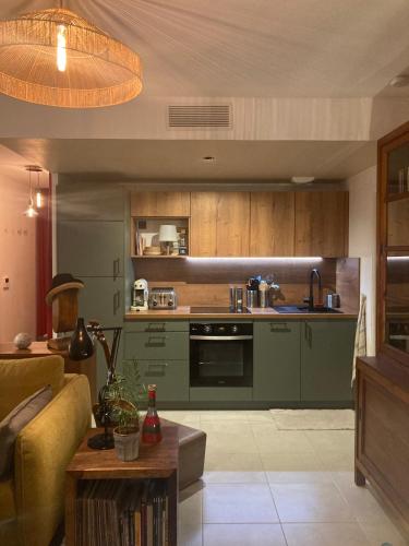 - un salon avec une cuisine verte et un canapé dans l'établissement Proche Vieux-Port Mucem et plage T2 avec terrasse, à Marseille