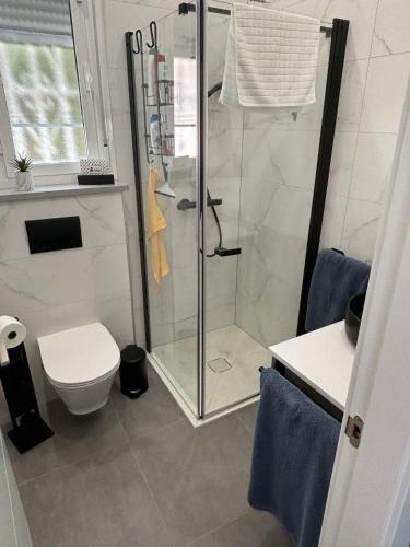 a bathroom with a shower and a toilet at Casa Kiga in Ciudad Quesada