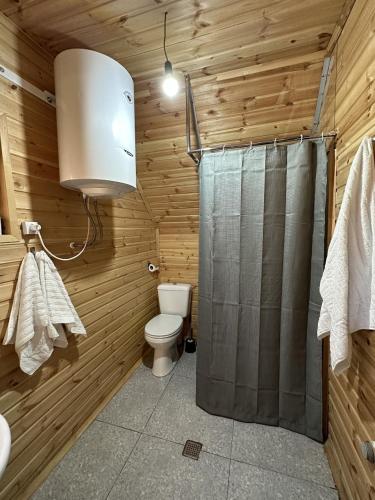 Un baño de madera con inodoro y ducha. en Samshvilde Hideaway, en Daghetʼkhachʼini