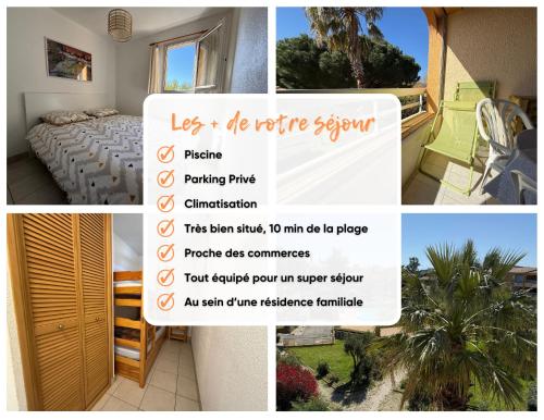 un collage de photos d'une pièce avec un panneau dans l'établissement Superbe T2 à 10 min de la Mer, Piscine, Climatisation, Parking, au Lavandou