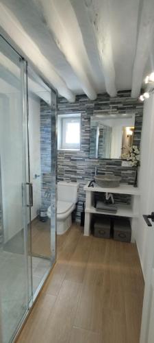 a bathroom with a shower and a toilet and a sink at Casas las Lanzas 1 in Setenil