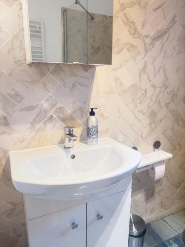a bathroom with a white sink and a mirror at Otopeni Studio C2 4 Airport Therme in Otopeni