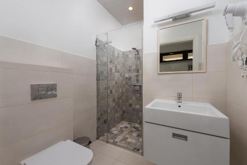 a bathroom with a shower and a toilet and a sink at Domki Morski Raj B in Dębki
