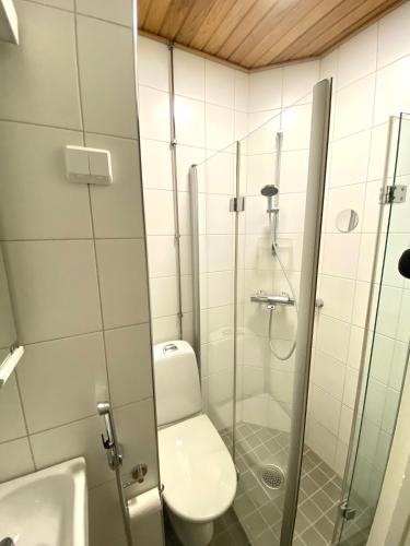 a bathroom with a shower and a toilet and a sink at Simply chic Kamppi !NEW! in Helsinki