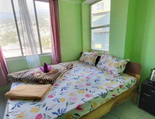 Cama en habitación con paredes verdes y ventana en Homestay, en Gangtok