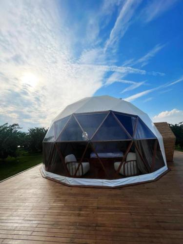 an igloo with chairs inside of it on a deck at Mandalin Glamping in Selcuk