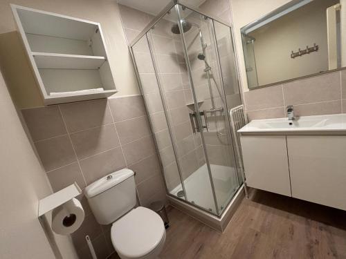 une salle de bain avec une douche, des toilettes et un lavabo dans l'établissement Le D'Artagnan - App 10 - Balcon, à Cazaubon