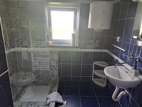 a bathroom with a sink and a shower at Salaš Đorđević in Subotica