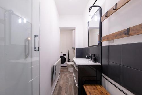 un baño con lavabo y espejo en Duplex la parenthèse enchantée, en Saint-Omer