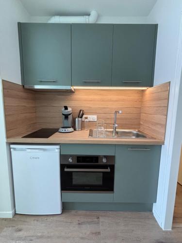 Il comprend une petite cuisine équipée d'un évier et d'un lave-vaisselle. dans l'établissement Le D'Artagnan - App 12bis - Balcon, à Cazaubon