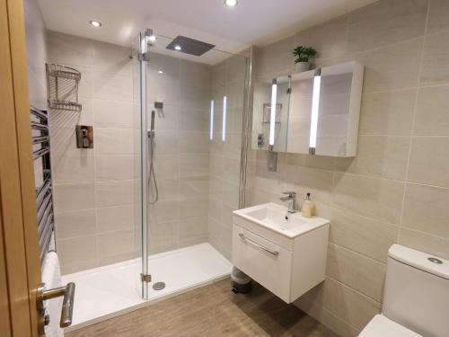 a bathroom with a shower and a sink and a toilet at Courtyard Cottage in Ambleside