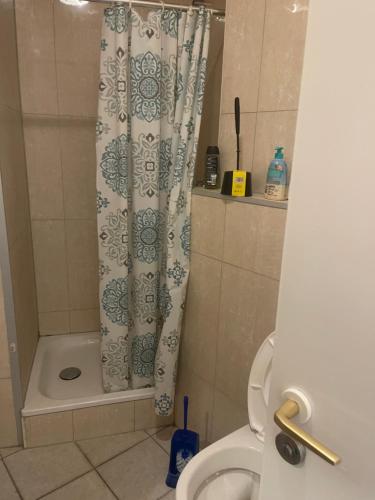 a bathroom with a shower curtain and a toilet at Mano 2 in Stuttgart