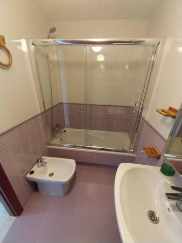 a bathroom with a shower and a toilet and a sink at Piso tranquilo en Aguiño by Cristian&Tamara "alquileres" in Monteviján