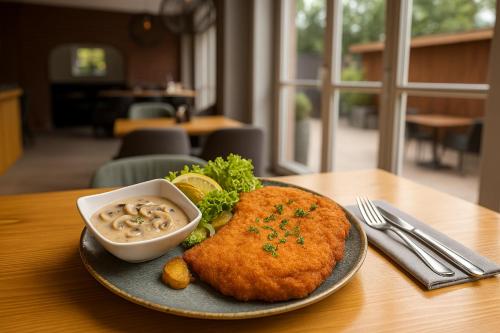a plate of food with a fish dish with a sauce at Hotel Schultheiss Hameln in Hameln