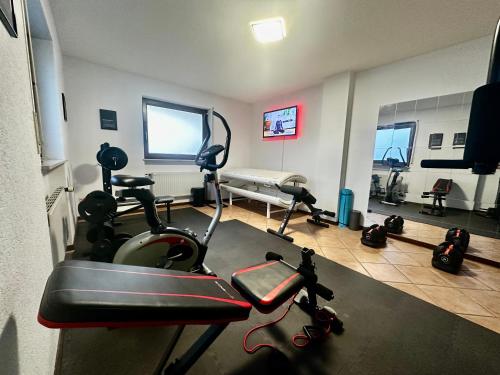 a room with a gym with a treadmill and a bed at Stilvolle Wellness-Ferienwohnung in Neef Whirlpool, Sauna, Grill, Fitness, Billard & Moselblick in Neef