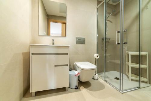 a bathroom with a toilet and a sink and a shower at ASTURES Viviendas Turísticas in Oviedo