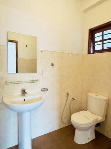 a bathroom with a sink and a toilet and a mirror at Ceyonra Evermist Residence in Nuwara Eliya