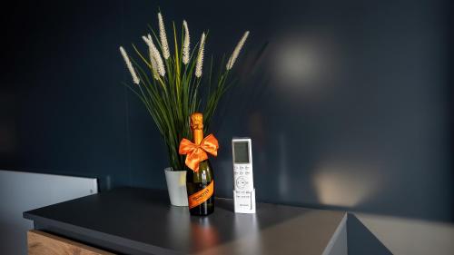 a bottle of wine on a table with a plant at Domek na wodzie - Marina & Camping Siemiany in Siemiany