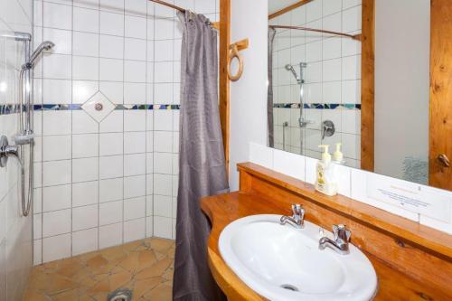 Kuaotunu的住宿－瑞佛斯公寓，一间带水槽和淋浴的浴室