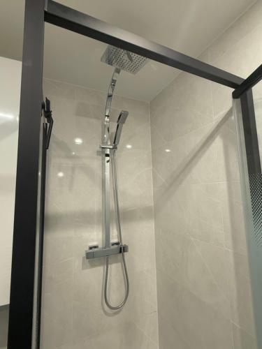 une douche avec pommeau de douche dans une salle de bain dans l'établissement Appartement neuf à 100m de la plage, à Marseillan