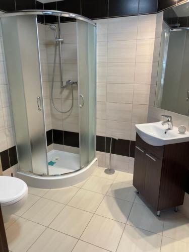 Koupelna v ubytování Pokoje i apartamenty nad Letniskową