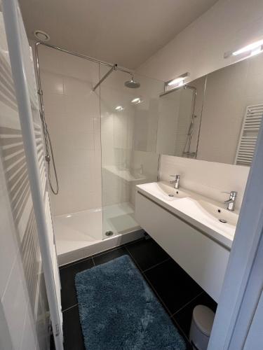 a bathroom with a shower and a sink and a tub at Vakantiewoning Den Landman in Nieuwpoort