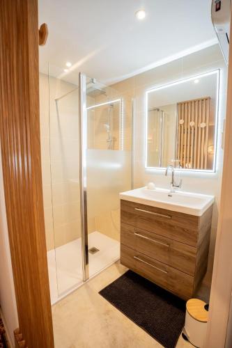 une salle de bain avec un lavabo et une douche dans l'établissement La Salicorne, à Bouzigues