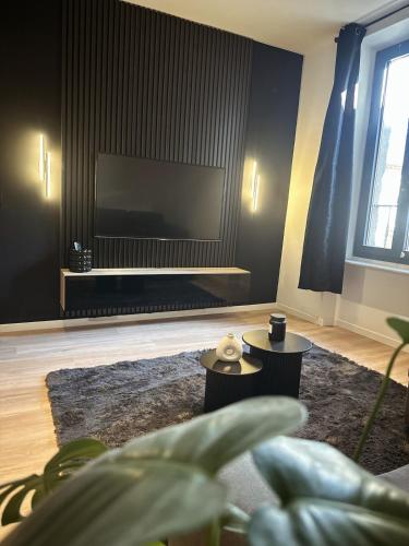 un salon avec une grande télévision à écran plat dans l'établissement Au cocon des corbières - Élégance, à Lézignan-Corbières