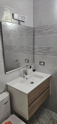 a bathroom with a sink and a mirror and a toilet at Los Cristianos Penthouse in Arona