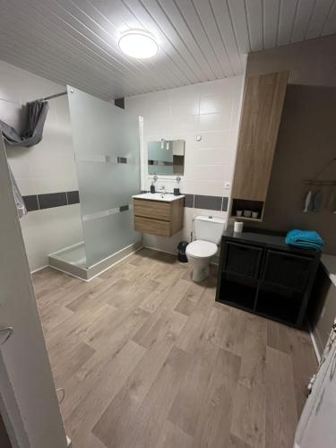 a bathroom with a toilet and a sink at Maison de vacances vaux sur seulles in Vaux-sur-Seulles