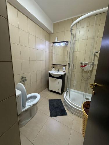 a bathroom with a toilet and a shower and a sink at Studio Summerland in Mamaia