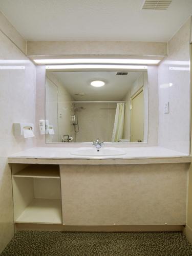 a bathroom with a sink and a large mirror at Brentwood Aberdeen City Centre near Union Street in Aberdeen