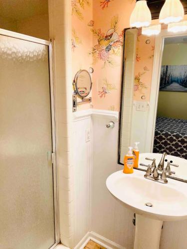 a bathroom with a shower and a sink and a mirror at Sea Breeze, Beautiful Ocean Front Townhome in Kure Beach