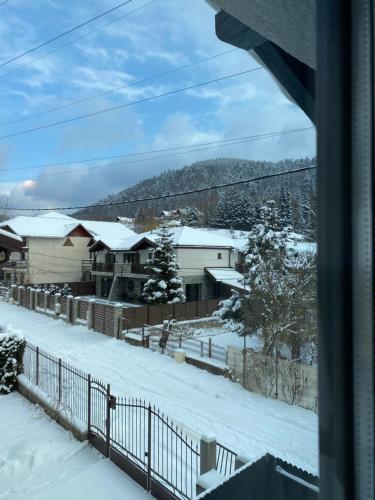 a view from a window of snow covered houses at Chalet Solaris in Buşteni