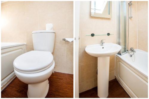 two pictures of a bathroom with a toilet and a sink at The Regency, Clifton Bristol in Bristol
