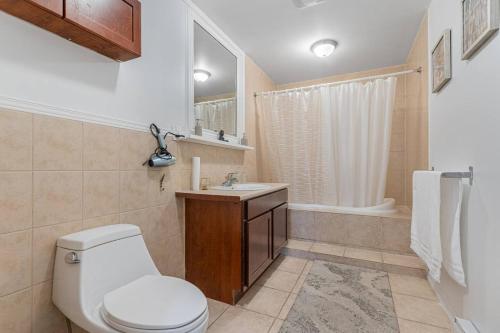 a bathroom with a toilet and a sink and a shower at Trendy 2BR Getaway in Montreal in Montréal