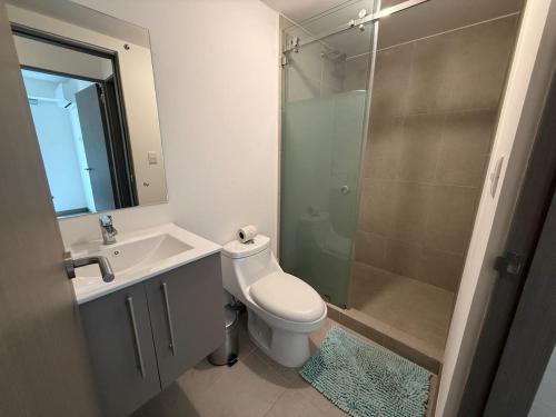 a bathroom with a toilet and a sink and a shower at Punta Esmeralda Paradise in Tarcoles