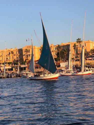 a group of sailboats in a body of water at luxor in Luxor