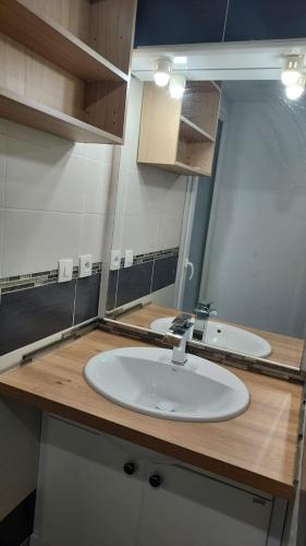 un comptoir de salle de bain avec un lavabo et un miroir dans l'établissement Maisonnette bleu Céleste, à Argelès-sur-Mer