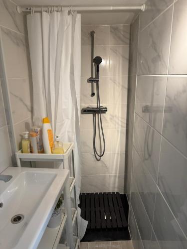 a bathroom with a shower and a sink at Lisbon Secret & Graca Apartment in Lisbon