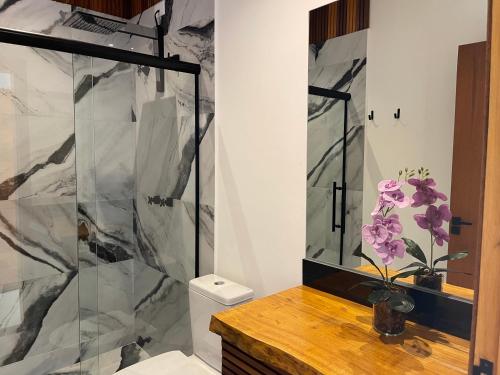 y baño con ducha de mármol y aseo. en Maluhia Ilhabela 5, en Ilhabela