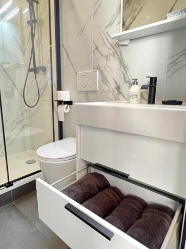 une salle de bain blanche avec des toilettes et un lavabo dans l'établissement Superbe appartement neuf 2 pièces Vincennes pte de Paris, à Montreuil