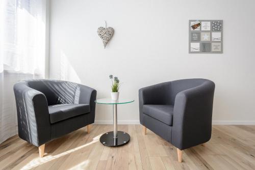 two chairs and a table in a room at Deluxe Appartements am Münster in Freiburg im Breisgau
