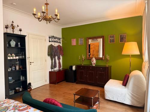 a living room with green walls and a couch at COMFORTABLE STYLISH ROOM in city centre of The Hague - HOME STAY in The Hague