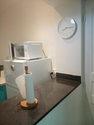 a kitchen counter with a microwave and a roll of paper towels at La résidence du sportif Bernard in Anse-Bertrand