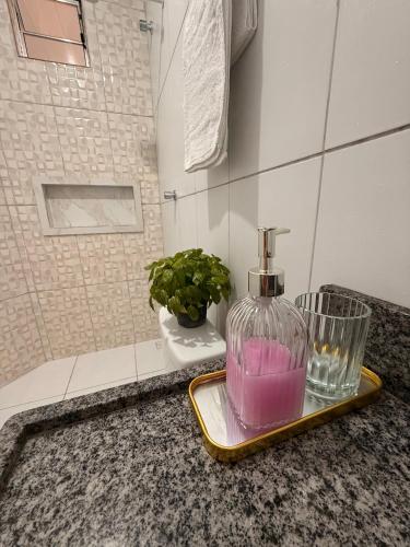 a bathroom counter with a soap dispenser on a tray at Pousadinha do seu Manoel in Barreirinhas