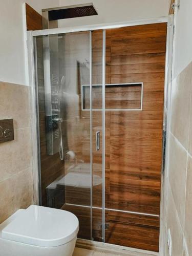 a bathroom with a toilet and a glass shower at Mediterraneum in Sannicola