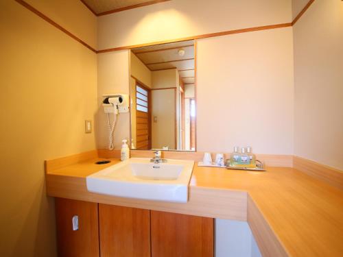 a bathroom with a sink and a large mirror at Hotel Tamanoyu in Matsumoto