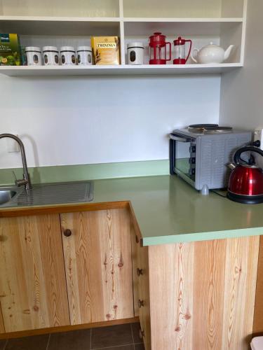 a kitchen counter with a sink and a microwave at Horseinaround in Cambridge